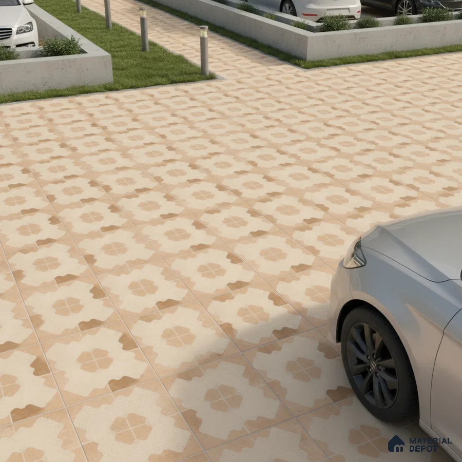 Modern parking area with beige and tan patterned outdoor floor tiles