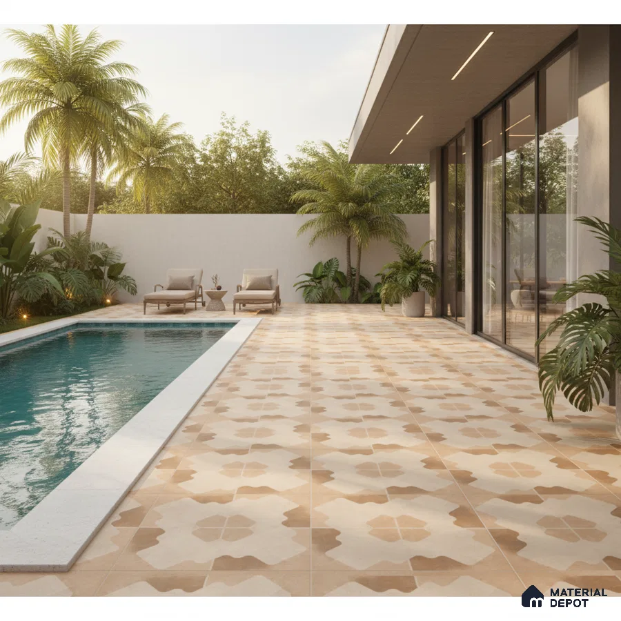 Modern outdoor poolside with beige and terracotta patterned floor tiles