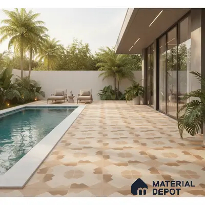 Modern outdoor poolside with beige and terracotta patterned floor tiles