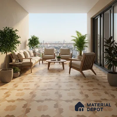 Scandinavian balcony with beige patterned floor tiles and natural wood outdoor furniture