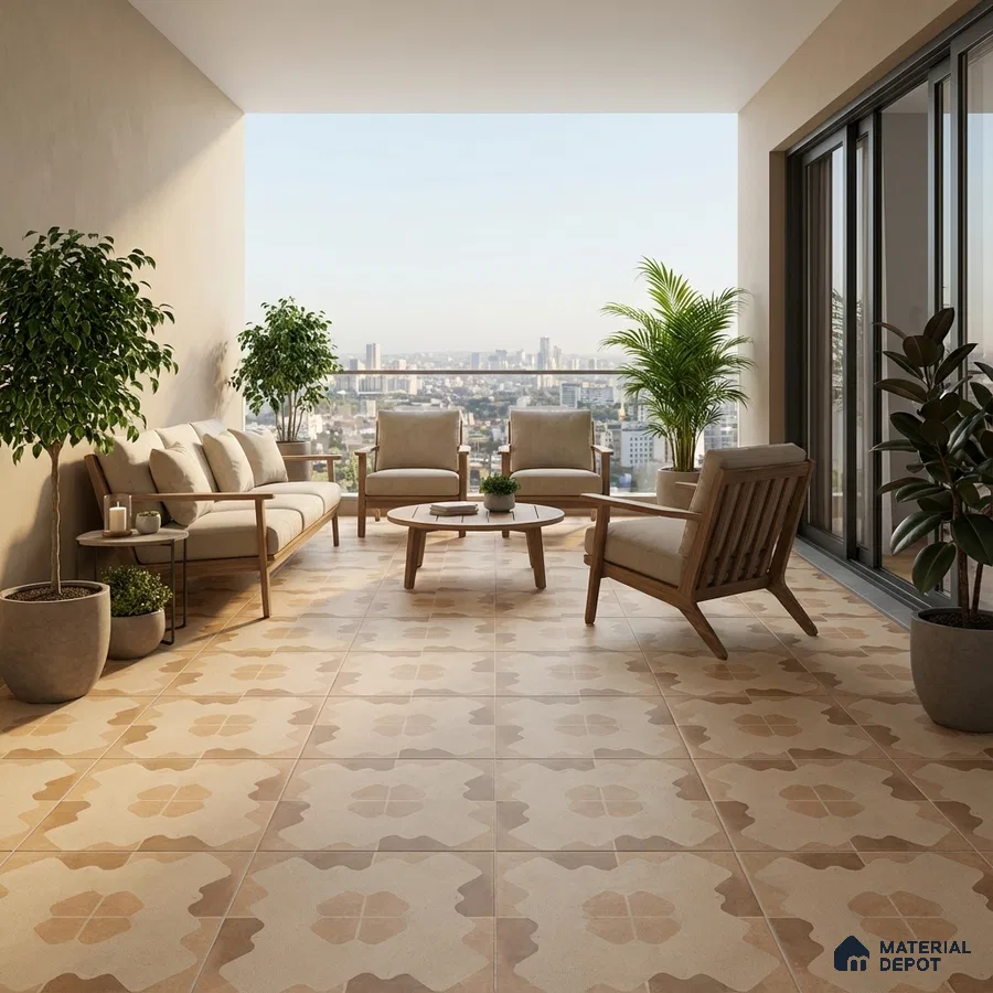 Scandinavian balcony with beige patterned floor tiles and natural wood outdoor furniture