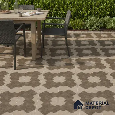Modern outdoor dining with geometric patterned brown and beige floor tiles