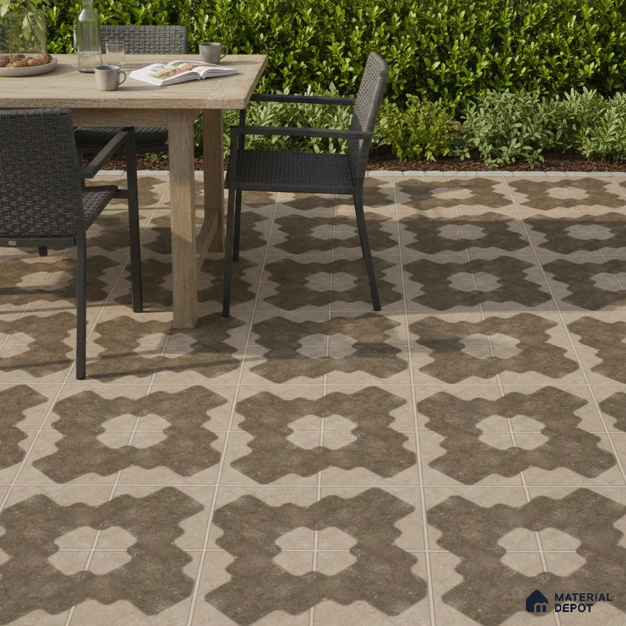Modern outdoor dining with geometric patterned brown and beige floor tiles