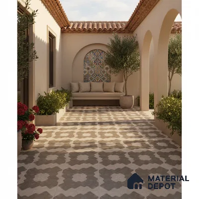 Mediterranean outdoor courtyard with patterned floor tiles and colorful moroccan accent wall tile