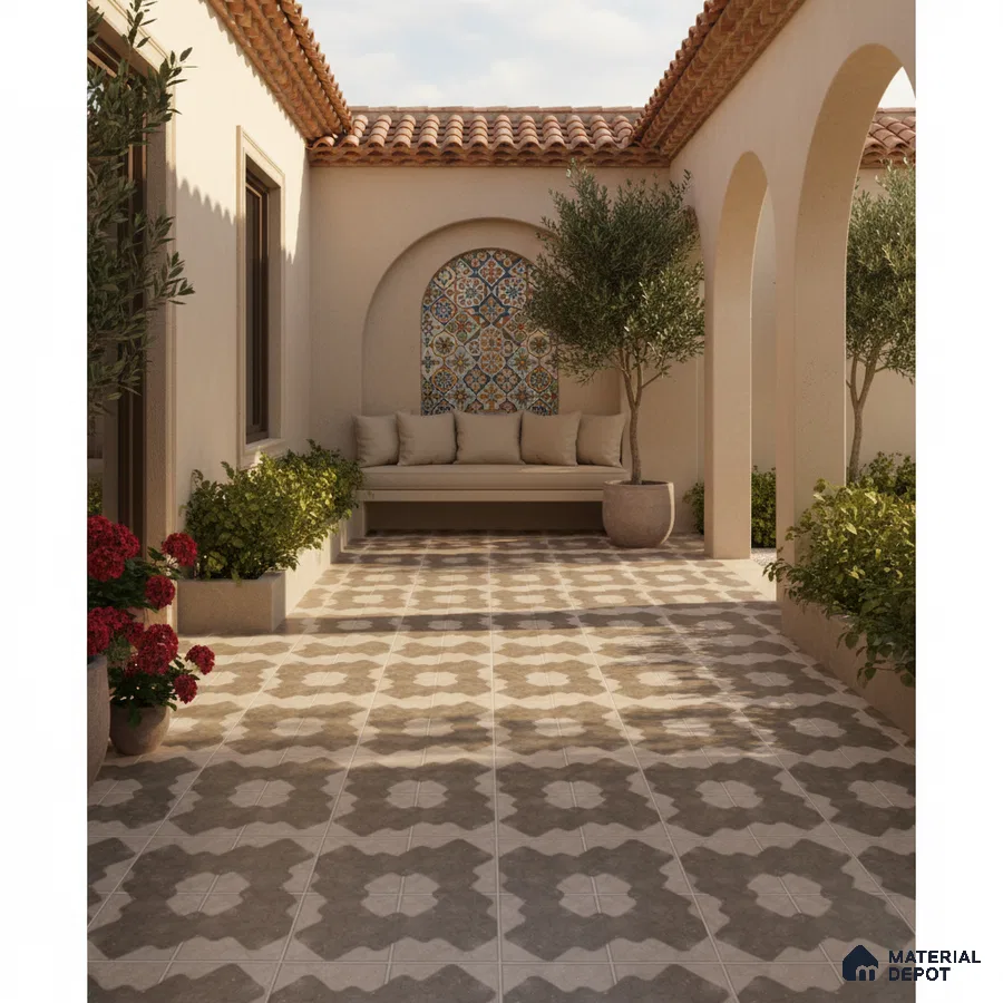 Mediterranean outdoor courtyard with patterned floor tiles and colorful moroccan accent wall tile