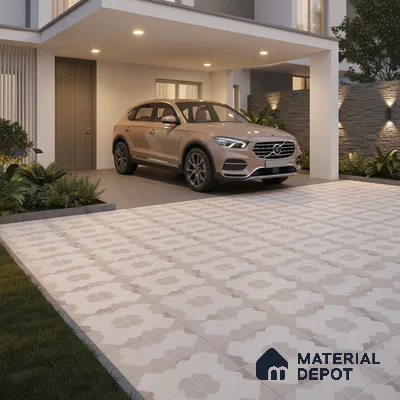 Modern parking with beige patterned outdoor floor tiles and stone cladding accent wall