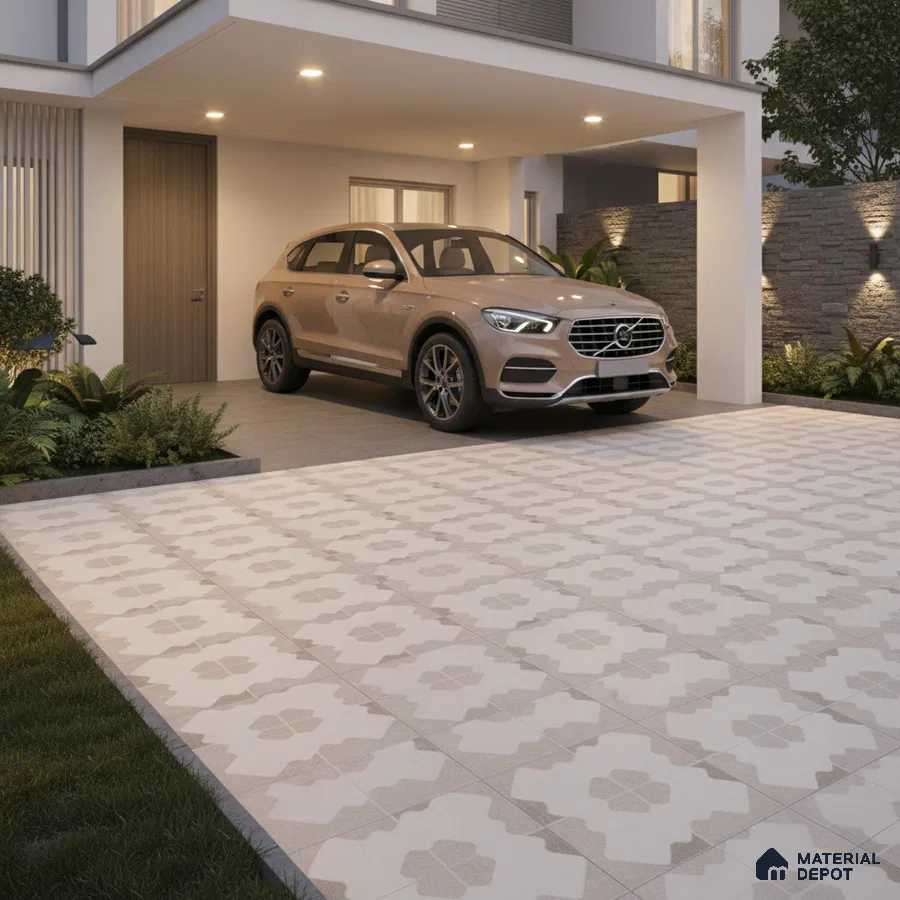 Modern parking with beige patterned outdoor floor tiles and stone cladding accent wall