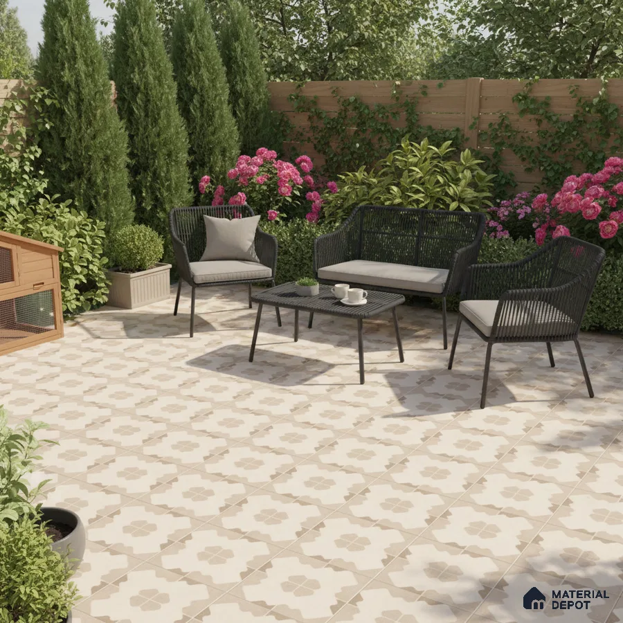 Modern outdoor patio with beige and white geometric patterned floor tiles