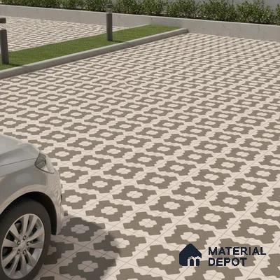 Modern parking area with geometric patterned outdoor floor tiles in beige and taupe