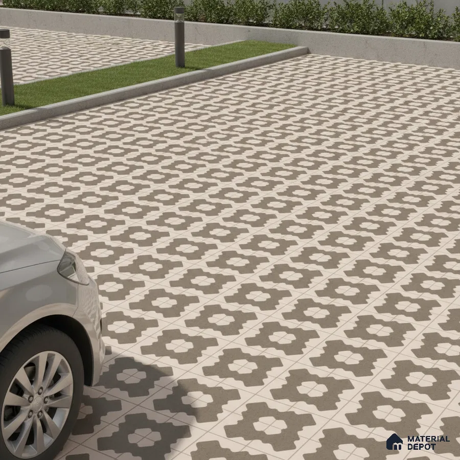 Modern parking area with geometric patterned outdoor floor tiles in beige and taupe