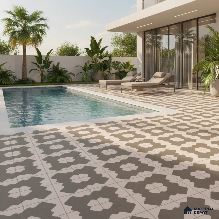 Modern outdoor poolside with geometric patterned floor tiles and tropical landscaping