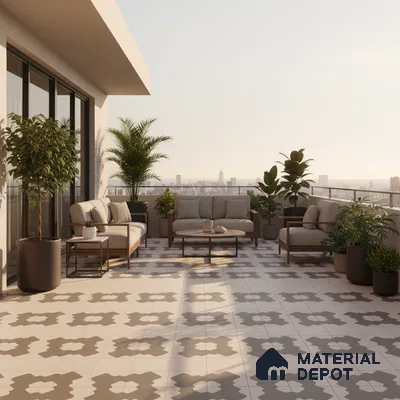 Modern outdoor balcony with geometric patterned floor tiles and neutral seating