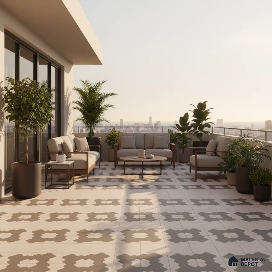 Modern outdoor balcony with geometric patterned floor tiles and neutral seating