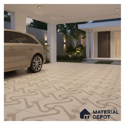 Modern parking with beige geometric patterned floor tiles