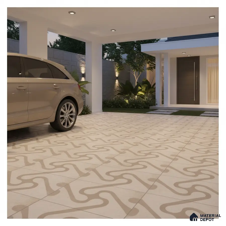 Modern parking with beige geometric patterned floor tiles