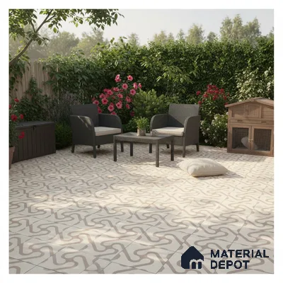 Modern outdoor patio with beige geometric patterned floor tiles and rattan furniture