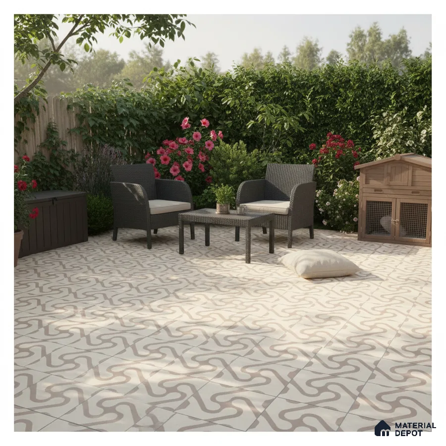 Modern outdoor patio with beige geometric patterned floor tiles and rattan furniture