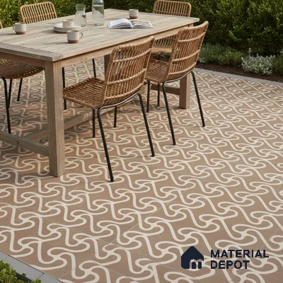 Scandinavian outdoor dining with beige geometric patterned floor tiles and natural wood table