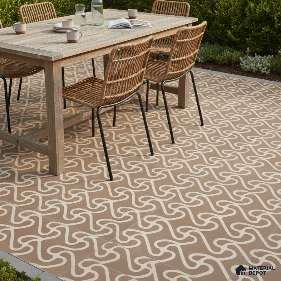 Scandinavian outdoor dining with beige geometric patterned floor tiles and natural wood table