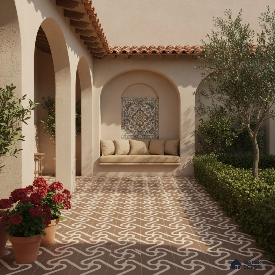 Mediterranean outdoor patio with terracotta patterned floor tiles and decorative ceramic wall tile