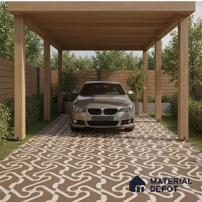 Modern parking with geometric brown and white patterned floor tiles and natural wood pergola
