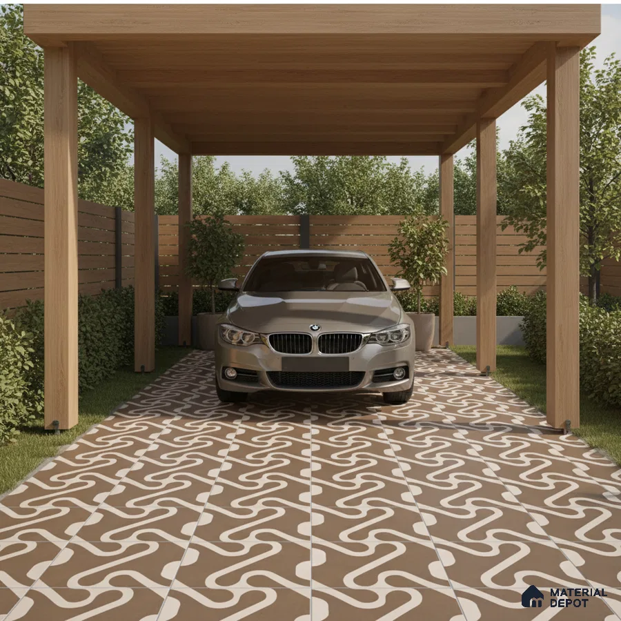 Modern parking with geometric brown and white patterned floor tiles and natural wood pergola