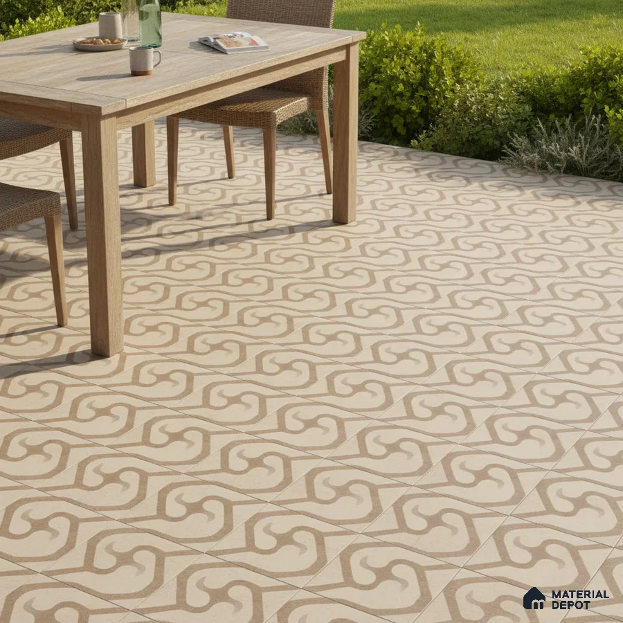 Modern outdoor space with beige geometric patterned floor tiles and natural wood dining set