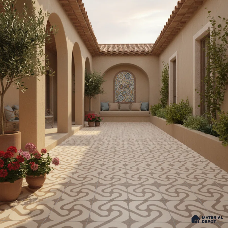 Mediterranean outdoor courtyard with patterned terracotta floor tiles and stucco walls