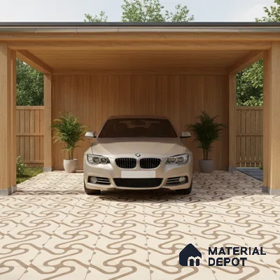 Modern parking with light wood cladding and beige geometric patterned floor tiles