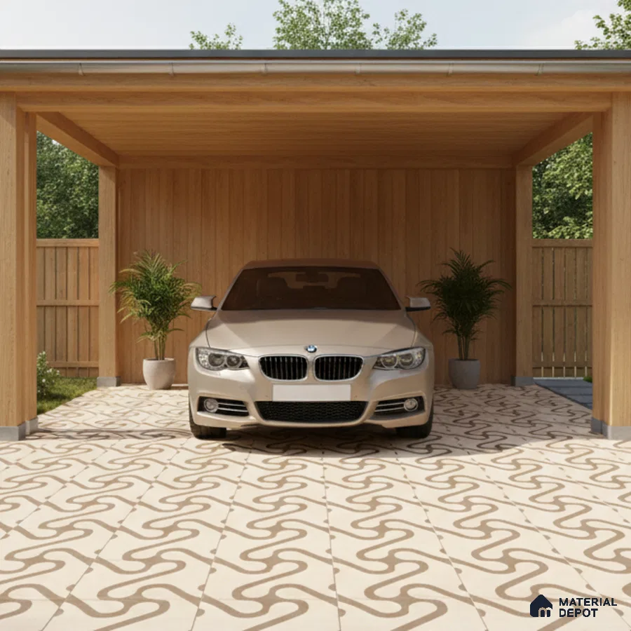 Modern parking with light wood cladding and beige geometric patterned floor tiles