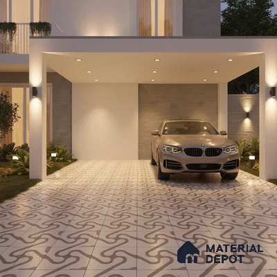 Modern parking with geometric patterned floor tiles and stone cladding wall