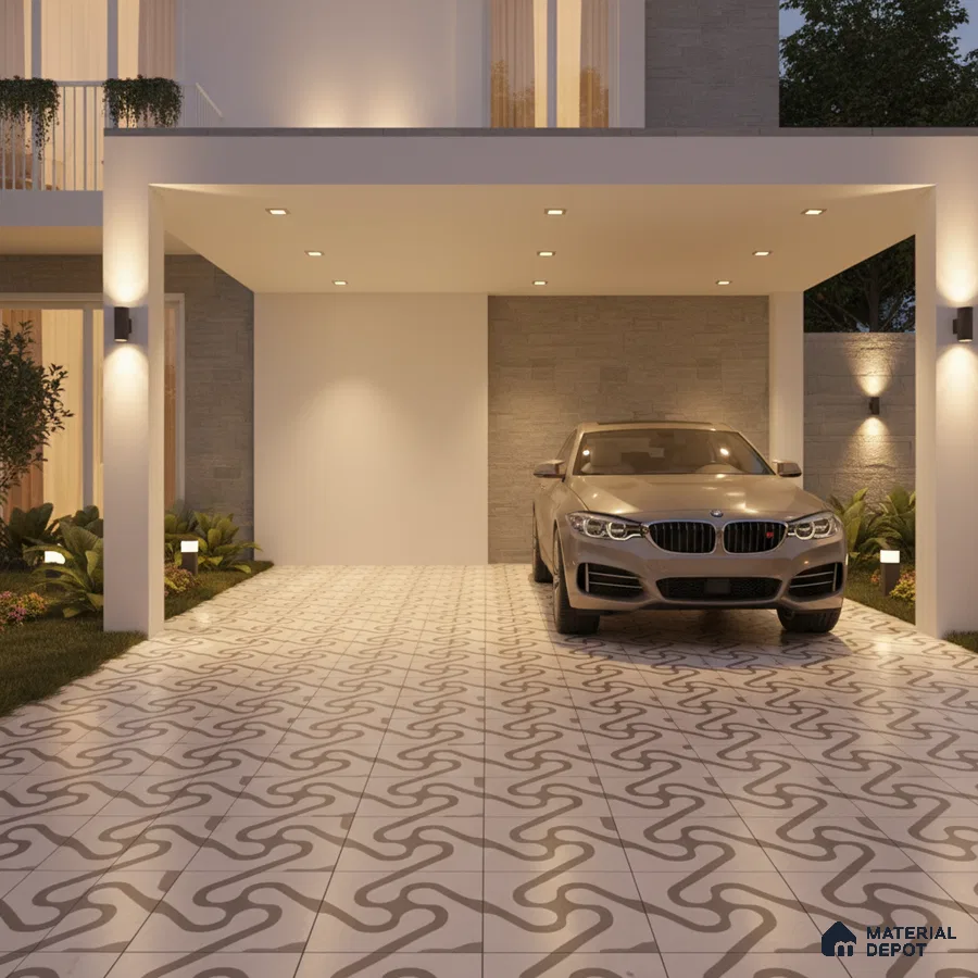 Modern parking with geometric patterned floor tiles and stone cladding wall