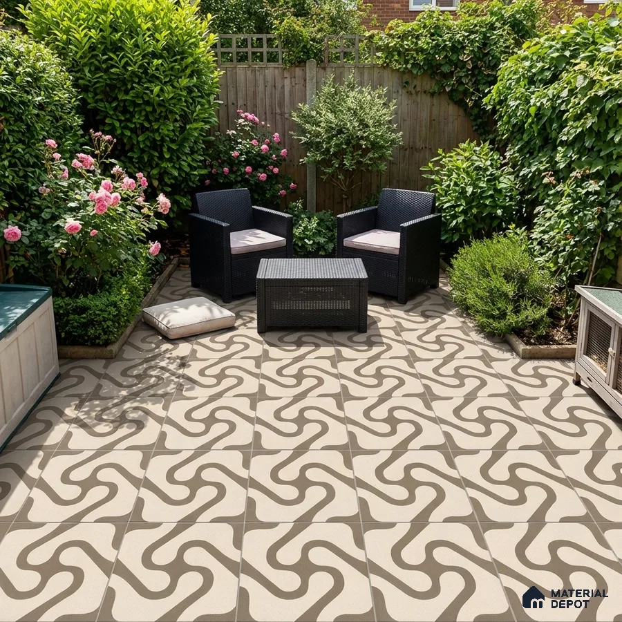 Modern outdoor seating with geometric patterned floor tiles and rattan furniture