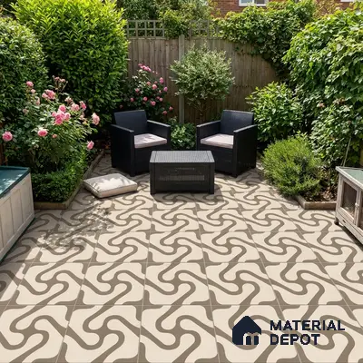 Modern outdoor seating with geometric patterned floor tiles and rattan furniture