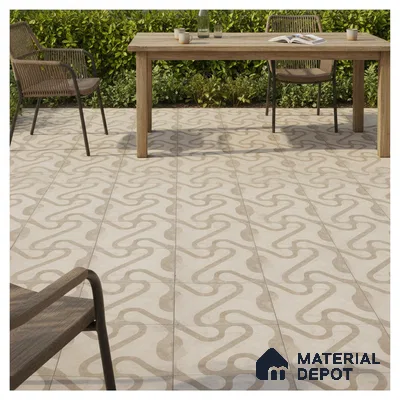 Modern outdoor space with beige geometric patterned floor tiles and wooden furniture