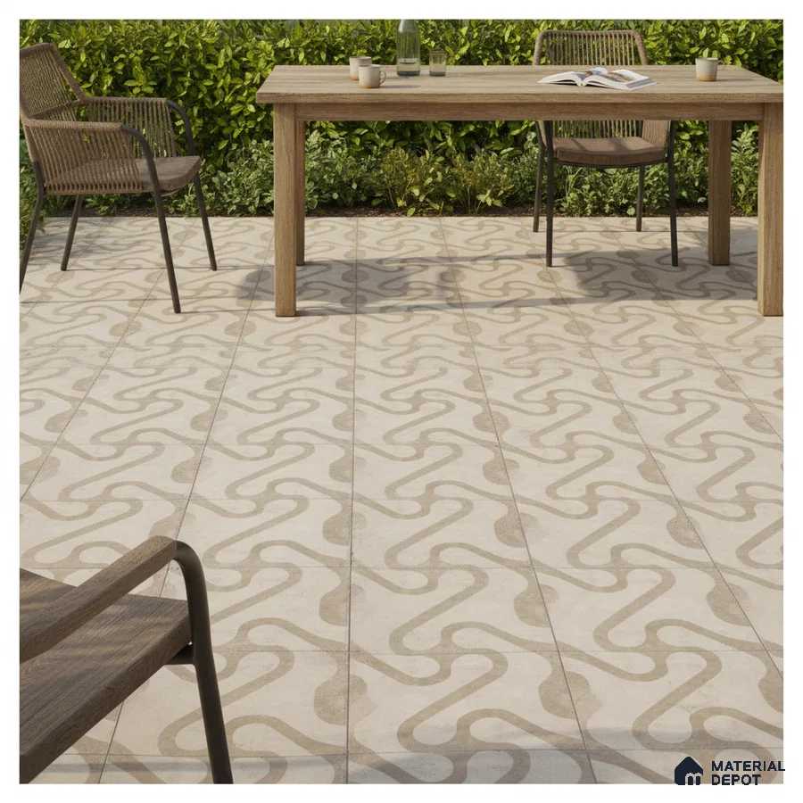 Modern outdoor space with beige geometric patterned floor tiles and wooden furniture