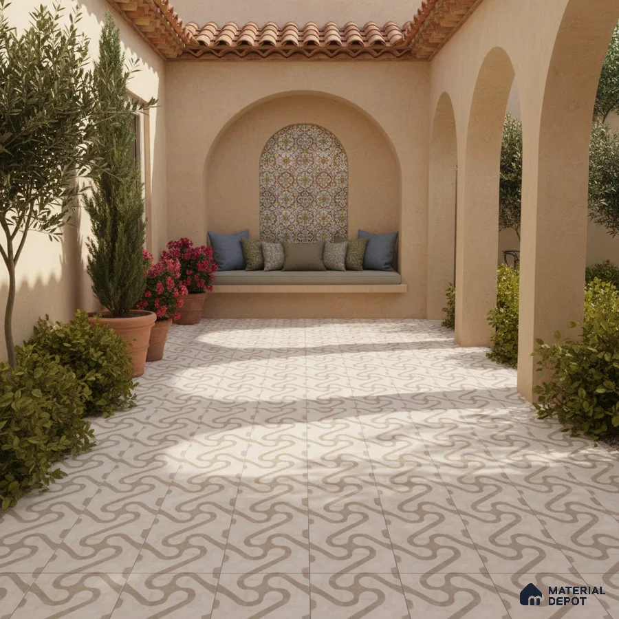 Mediterranean outdoor patio with patterned beige floor tiles and mosaic accent wall tile