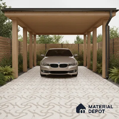 Modern parking with patterned beige floor tiles and natural wood pergola
