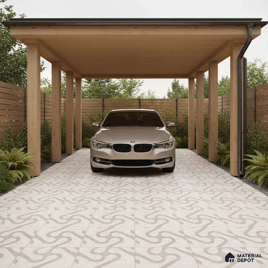 Modern parking with patterned beige floor tiles and natural wood pergola