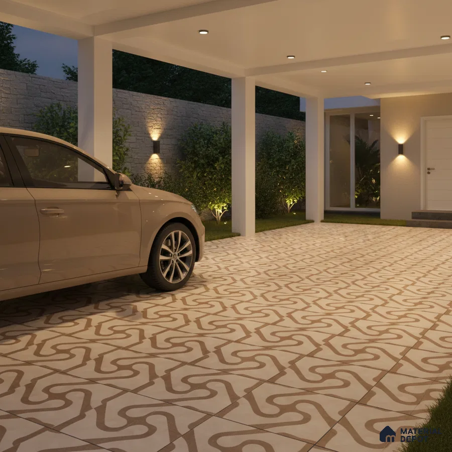 Modern parking with beige and white geometric patterned floor tiles