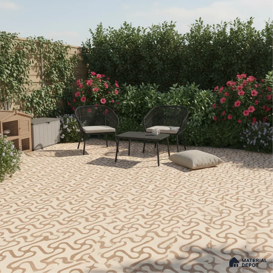 Modern outdoor patio with beige and brown geometric patterned floor tiles