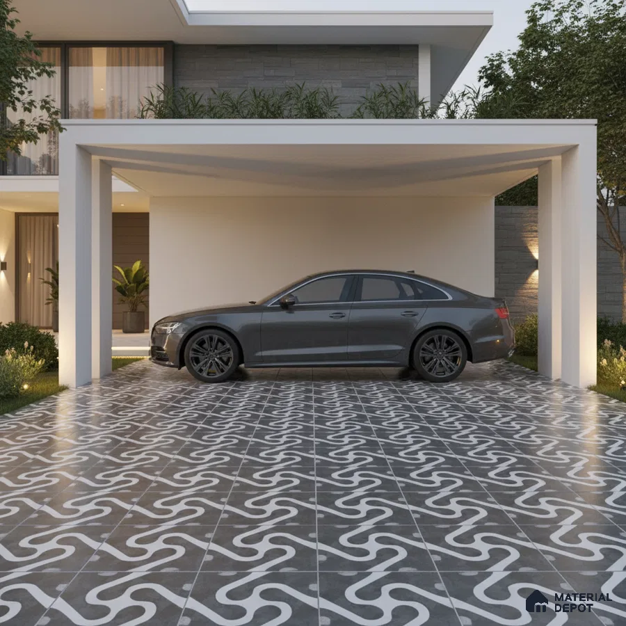 Modern parking with black-and-white geometric patterned floor tiles