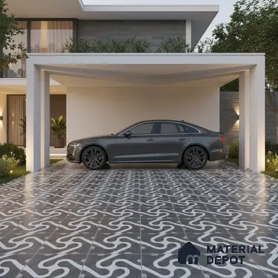 Modern parking with black-and-white geometric patterned floor tiles