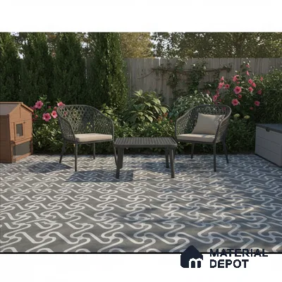 Modern outdoor patio with black-and-white geometric patterned floor tiles