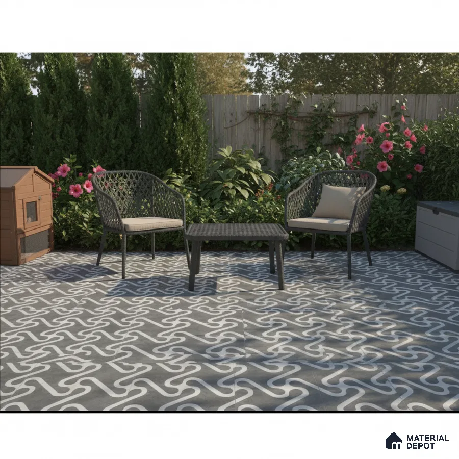 Modern outdoor patio with black-and-white geometric patterned floor tiles