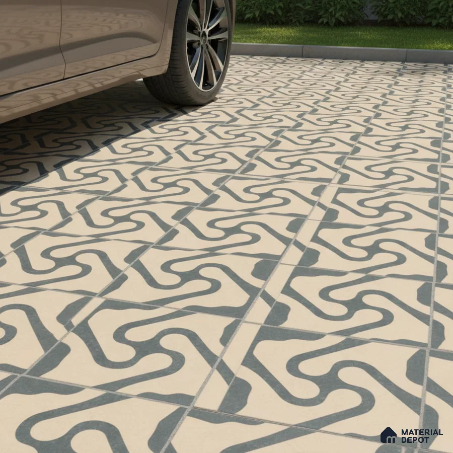 Modern parking with geometric patterned outdoor floor tiles