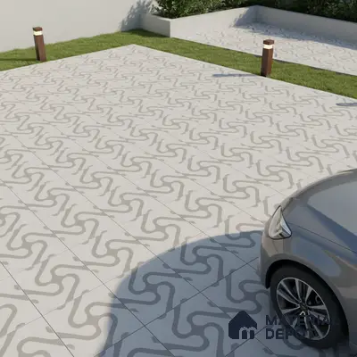 Modern parking area with geometric patterned grey and white floor tiles