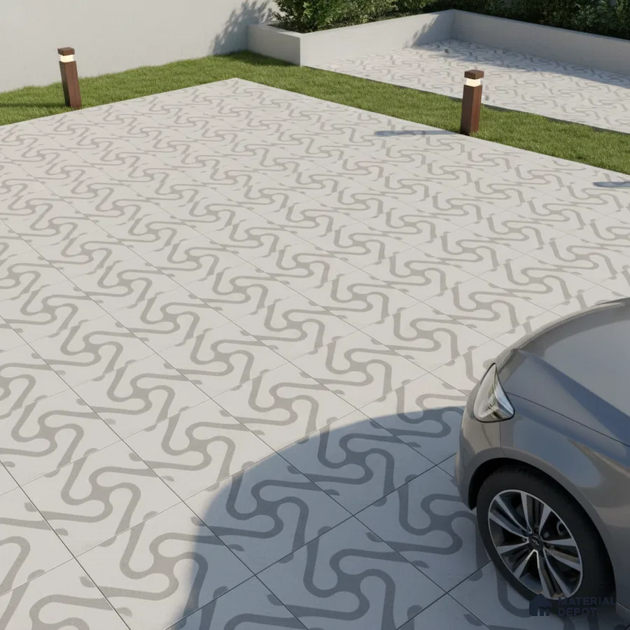 Modern parking area with geometric patterned grey and white floor tiles