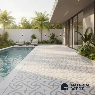 Modern outdoor poolside with geometric patterned floor tiles and minimalist landscaping