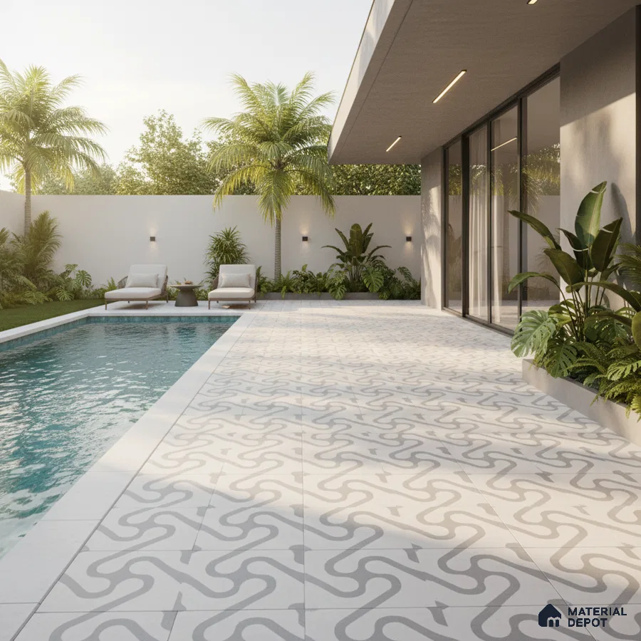 Modern outdoor poolside with geometric patterned floor tiles and minimalist landscaping